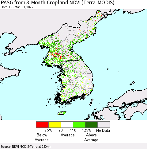 Korea PASG from 3-Month Cropland NDVI (Terra-MODIS) Thematic Map For 3/6/2022 - 3/13/2022