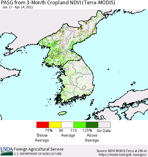 Korea PASG from 3-Month Cropland NDVI (Terra-MODIS) Thematic Map For 4/11/2022 - 4/20/2022