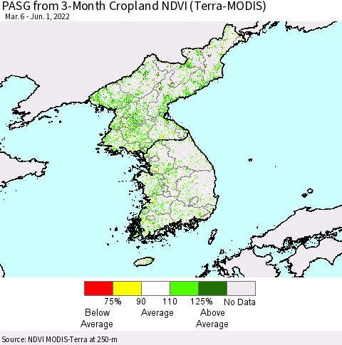 Korea PASG from 3-Month Cropland NDVI (Terra-MODIS) Thematic Map For 5/25/2022 - 6/1/2022