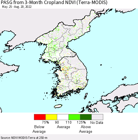 Korea PASG from 3-Month Cropland NDVI (Terra-MODIS) Thematic Map For 8/13/2022 - 8/20/2022
