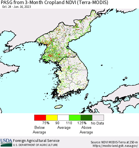Korea PASG from 3-Month Cropland NDVI (Terra-MODIS) Thematic Map For 1/11/2023 - 1/20/2023