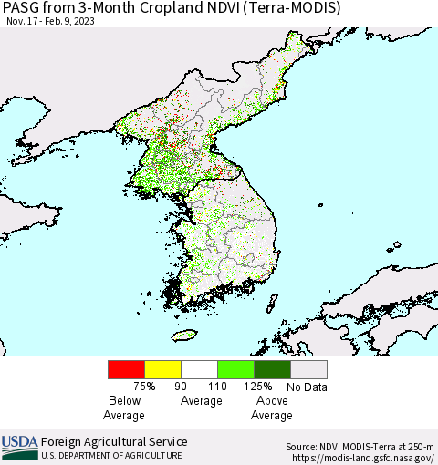 Korea PASG from 3-Month Cropland NDVI (Terra-MODIS) Thematic Map For 2/1/2023 - 2/10/2023