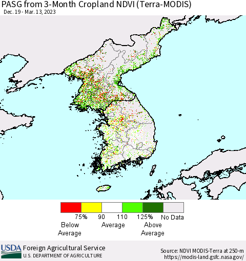 Korea PASG from 3-Month Cropland NDVI (Terra-MODIS) Thematic Map For 3/11/2023 - 3/20/2023