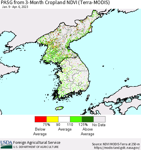 Korea PASG from 3-Month Cropland NDVI (Terra-MODIS) Thematic Map For 4/1/2023 - 4/10/2023