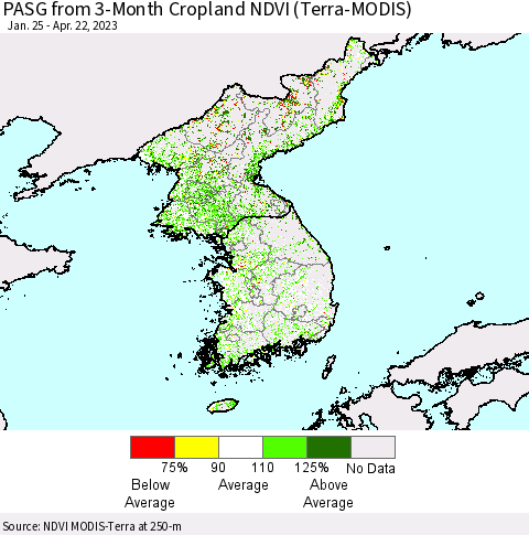 Korea PASG from 3-Month Cropland NDVI (Terra-MODIS) Thematic Map For 4/15/2023 - 4/22/2023