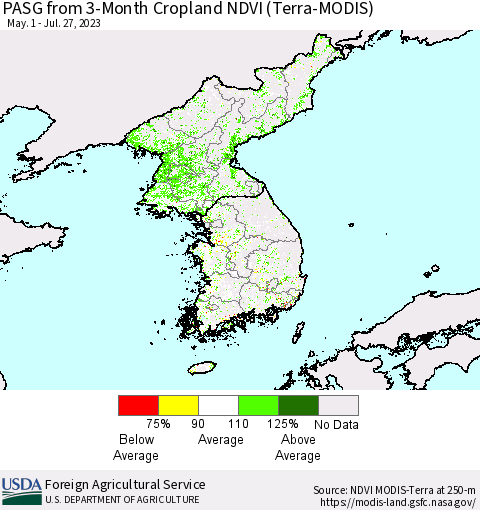 Korea PASG from 3-Month Cropland NDVI (Terra-MODIS) Thematic Map For 7/21/2023 - 7/31/2023