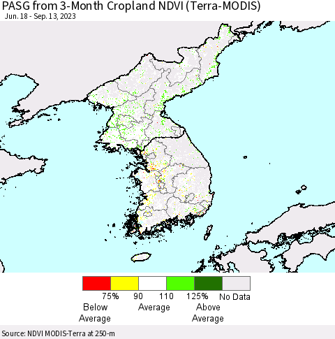 Korea PASG from 3-Month Cropland NDVI (Terra-MODIS) Thematic Map For 9/6/2023 - 9/13/2023