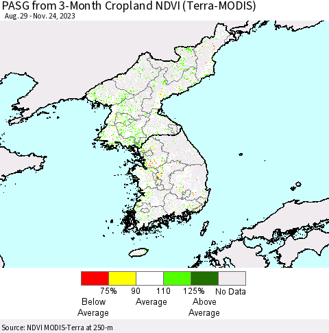 Korea PASG from 3-Month Cropland NDVI (Terra-MODIS) Thematic Map For 11/17/2023 - 11/24/2023