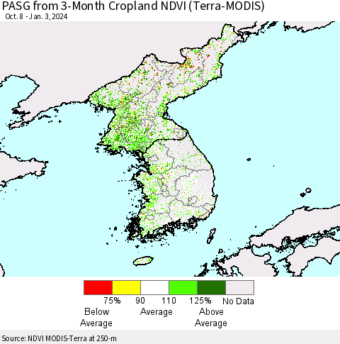 Korea PASG from 3-Month Cropland NDVI (Terra-MODIS) Thematic Map For 12/27/2023 - 1/3/2024