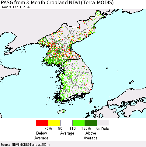 Korea PASG from 3-Month Cropland NDVI (Terra-MODIS) Thematic Map For 1/25/2024 - 2/1/2024