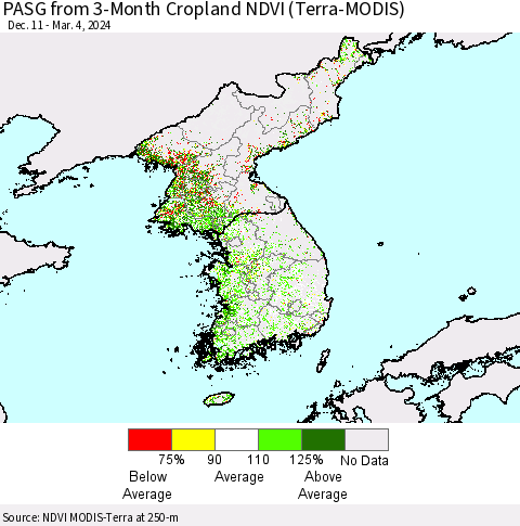 Korea PASG from 3-Month Cropland NDVI (Terra-MODIS) Thematic Map For 2/26/2024 - 3/4/2024