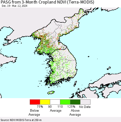 Korea PASG from 3-Month Cropland NDVI (Terra-MODIS) Thematic Map For 3/5/2024 - 3/12/2024