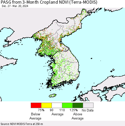 Korea PASG from 3-Month Cropland NDVI (Terra-MODIS) Thematic Map For 3/13/2024 - 3/20/2024