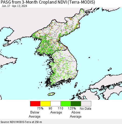 Korea PASG from 3-Month Cropland NDVI (Terra-MODIS) Thematic Map For 4/6/2024 - 4/13/2024