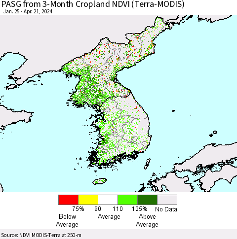 Korea PASG from 3-Month Cropland NDVI (Terra-MODIS) Thematic Map For 4/14/2024 - 4/21/2024