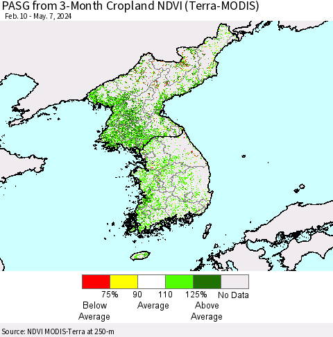 Korea PASG from 3-Month Cropland NDVI (Terra-MODIS) Thematic Map For 4/30/2024 - 5/7/2024