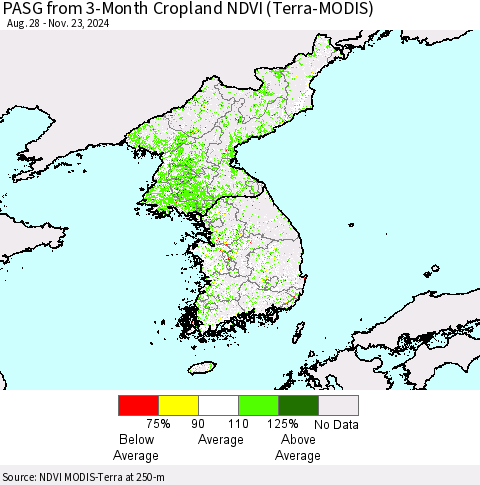 Korea PASG from 3-Month Cropland NDVI (Terra-MODIS) Thematic Map For 11/16/2024 - 11/23/2024