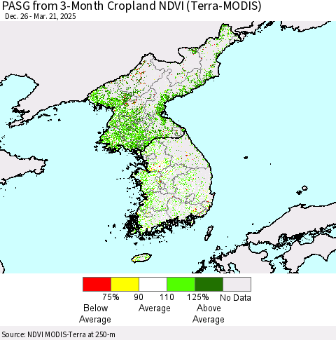 Korea PASG from 3-Month Cropland NDVI (Terra-MODIS) Thematic Map For 3/14/2025 - 3/21/2025