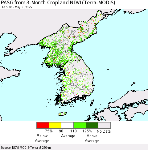 Korea PASG from 3-Month Cropland NDVI (Terra-MODIS) Thematic Map For 5/1/2025 - 5/8/2025