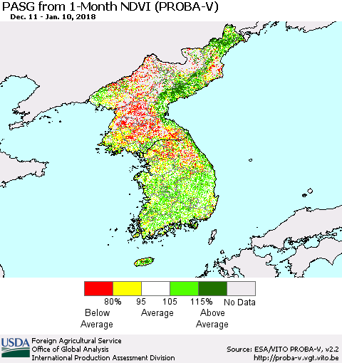 Korea PASG from 1-Month NDVI (PROBA-V) Thematic Map For 1/1/2018 - 1/10/2018