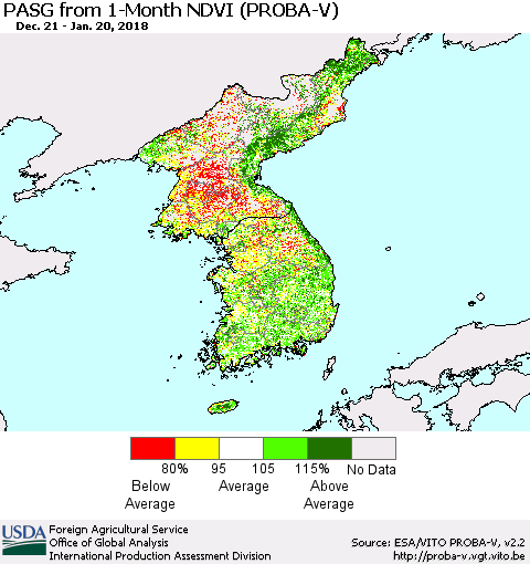 Korea PASG from 1-Month NDVI (PROBA-V) Thematic Map For 1/11/2018 - 1/20/2018