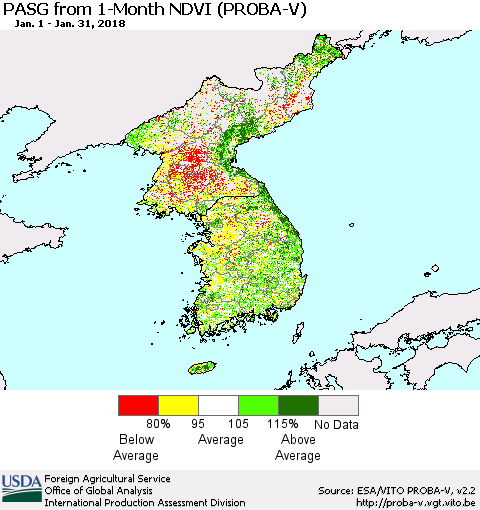 Korea PASG from 1-Month NDVI (PROBA-V) Thematic Map For 1/21/2018 - 1/31/2018
