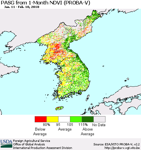 Korea PASG from 1-Month NDVI (PROBA-V) Thematic Map For 2/1/2018 - 2/10/2018