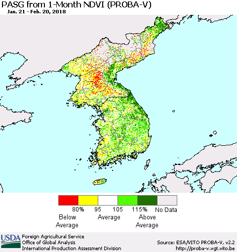Korea PASG from 1-Month NDVI (PROBA-V) Thematic Map For 2/11/2018 - 2/20/2018