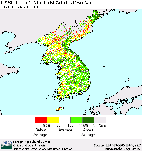 Korea PASG from 1-Month NDVI (PROBA-V) Thematic Map For 2/21/2018 - 2/28/2018