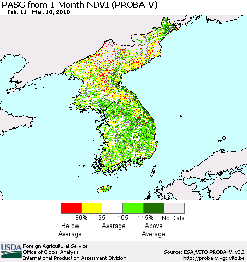Korea PASG from 1-Month NDVI (PROBA-V) Thematic Map For 3/1/2018 - 3/10/2018