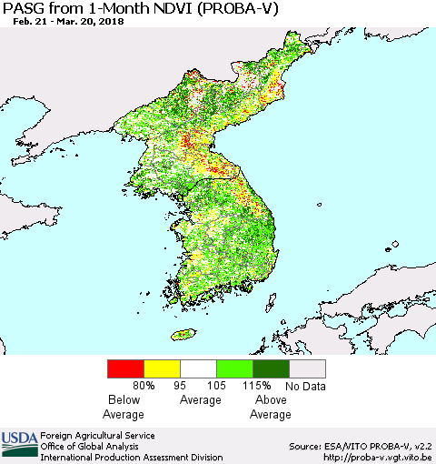 Korea PASG from 1-Month NDVI (PROBA-V) Thematic Map For 3/11/2018 - 3/20/2018