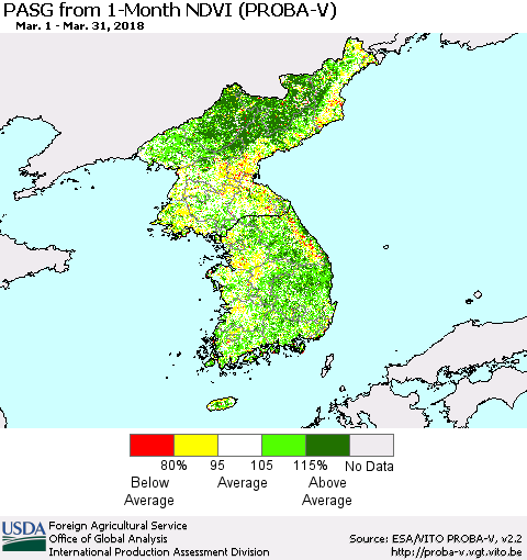 Korea PASG from 1-Month NDVI (PROBA-V) Thematic Map For 3/21/2018 - 3/31/2018