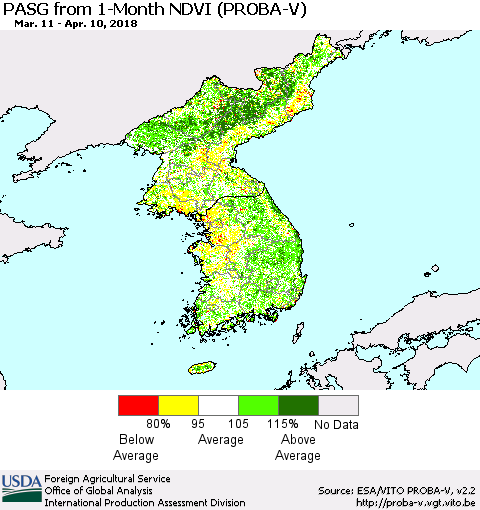 Korea PASG from 1-Month NDVI (PROBA-V) Thematic Map For 4/1/2018 - 4/10/2018