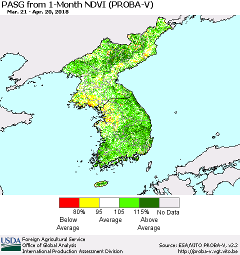 Korea PASG from 1-Month NDVI (PROBA-V) Thematic Map For 4/11/2018 - 4/20/2018