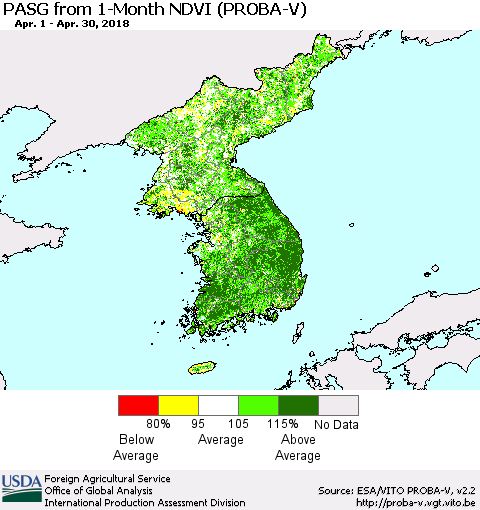 Korea PASG from 1-Month NDVI (PROBA-V) Thematic Map For 4/21/2018 - 4/30/2018