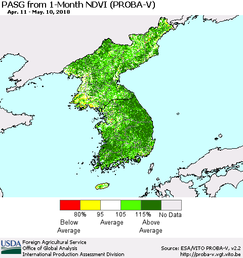 Korea PASG from 1-Month NDVI (PROBA-V) Thematic Map For 5/1/2018 - 5/10/2018