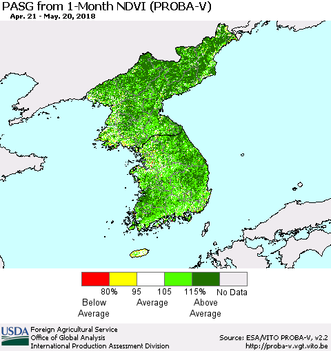 Korea PASG from 1-Month NDVI (PROBA-V) Thematic Map For 5/11/2018 - 5/20/2018