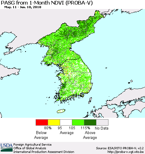 Korea PASG from 1-Month NDVI (PROBA-V) Thematic Map For 6/1/2018 - 6/10/2018