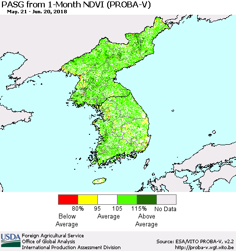 Korea PASG from 1-Month NDVI (PROBA-V) Thematic Map For 6/11/2018 - 6/20/2018