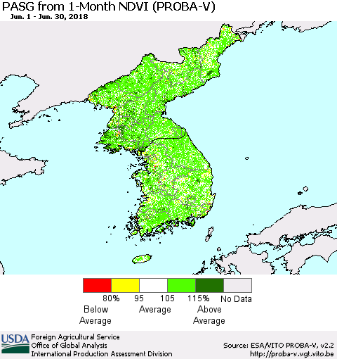 Korea PASG from 1-Month NDVI (PROBA-V) Thematic Map For 6/21/2018 - 6/30/2018