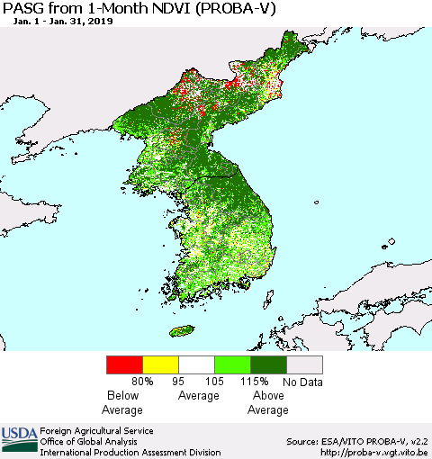 Korea PASG from 1-Month NDVI (PROBA-V) Thematic Map For 1/21/2019 - 1/31/2019