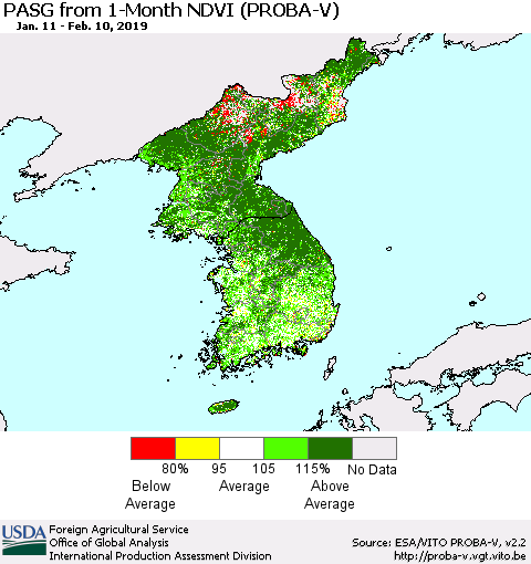 Korea PASG from 1-Month NDVI (PROBA-V) Thematic Map For 2/1/2019 - 2/10/2019