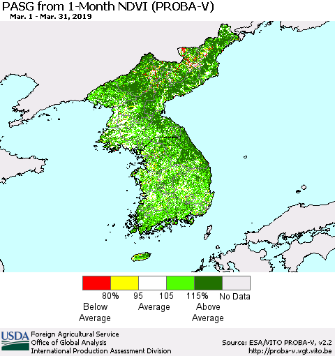 Korea PASG from 1-Month NDVI (PROBA-V) Thematic Map For 3/21/2019 - 3/31/2019