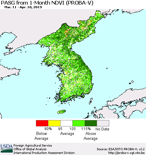 Korea PASG from 1-Month NDVI (PROBA-V) Thematic Map For 4/1/2019 - 4/10/2019