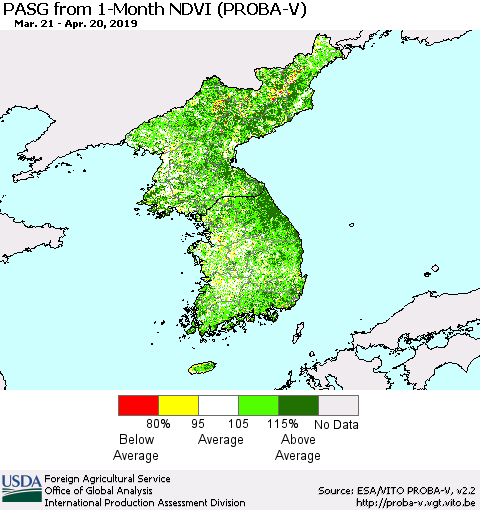 Korea PASG from 1-Month NDVI (PROBA-V) Thematic Map For 4/11/2019 - 4/20/2019