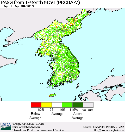 Korea PASG from 1-Month NDVI (PROBA-V) Thematic Map For 4/21/2019 - 4/30/2019