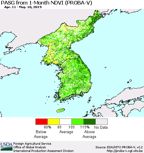 Korea PASG from 1-Month NDVI (PROBA-V) Thematic Map For 5/1/2019 - 5/10/2019