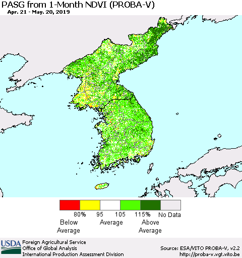 Korea PASG from 1-Month NDVI (PROBA-V) Thematic Map For 5/11/2019 - 5/20/2019