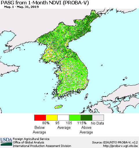 Korea PASG from 1-Month NDVI (PROBA-V) Thematic Map For 5/21/2019 - 5/31/2019