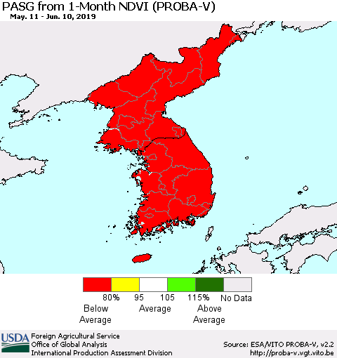Korea PASG from 1-Month NDVI (PROBA-V) Thematic Map For 6/1/2019 - 6/10/2019